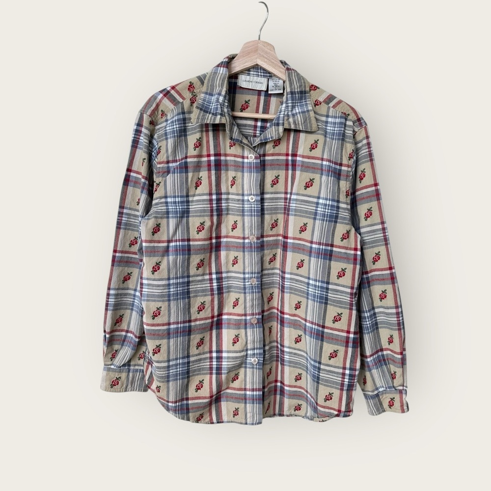 Lemon Grass Vintage Country Rose Embroidered Plaid Button Down Shirt size L